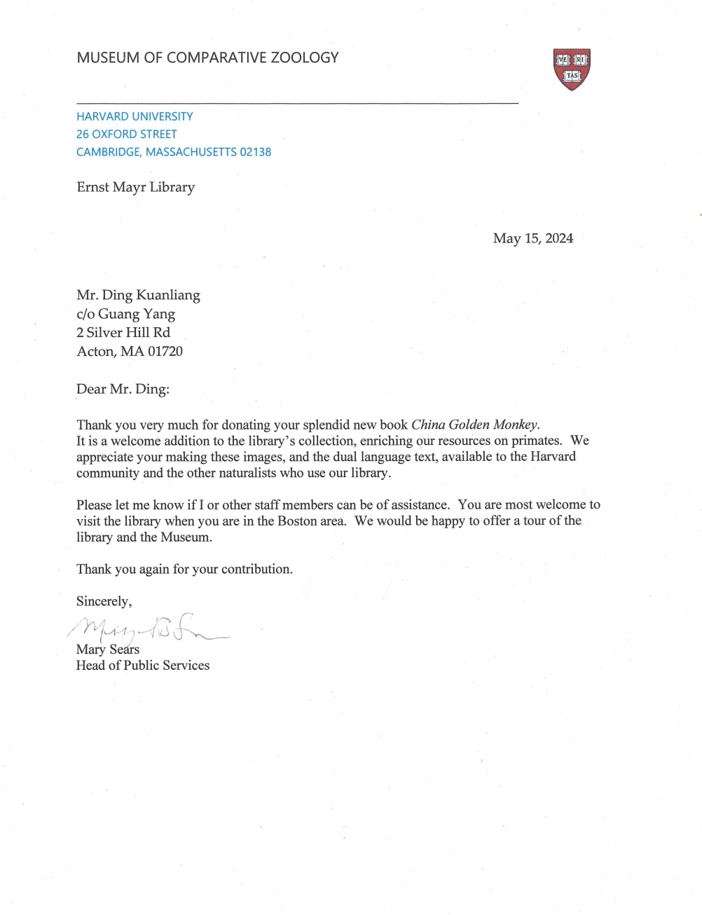 哈佛大学给丁宽亮先生的《中国金丝猴》收藏证书-1.png